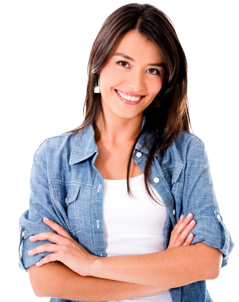 Beautiful casual woman smiling - isolated over a white background